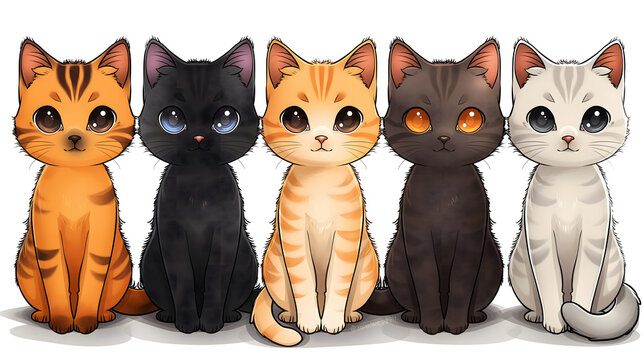 Group of cute cats sitting in a row. Vector cartoon illustration.