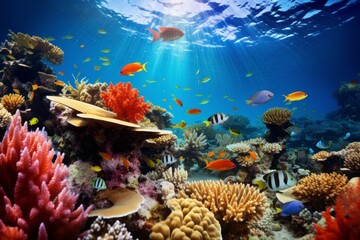 Vibrant coral reefs teeming with marine life in a tropical sea