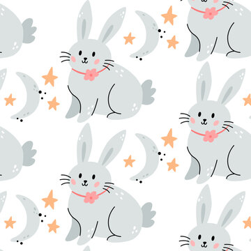 Cute bunny and moon seamless pattern. Creative nursery background. Perfect for kids design, fabric, wrapping, wallpaper, textile, apparel. Vector cartoon illustration.