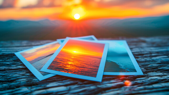 Three pictures of sunsets are stacked on top of each other. The sun is setting in the background, creating a warm and peaceful atmosphere