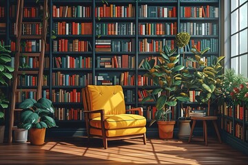 Generative AI illustration of modern library with cozy armchair and book shelves with books...