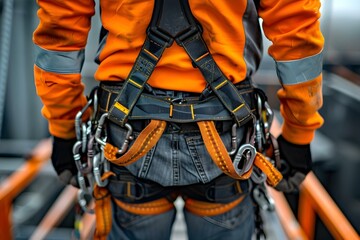 Safety harness equipment being used by construction worker on building site. Concept Construction Safety, Harness Equipment, Building Site, Worker, Safety Precautions - obrazy, fototapety, plakaty