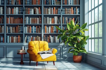 Generative AI illustration of modern library with cozy armchair and book shelves with books...