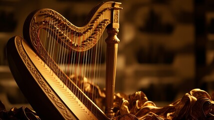Lyre with silk strings music crafts air into story and legend tapestries - obrazy, fototapety, plakaty