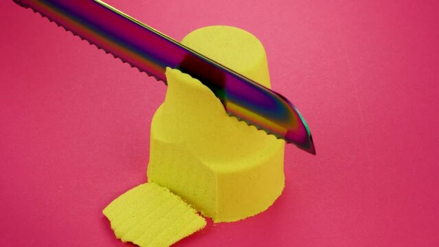 Very Satisfying and Relaxing Kinetic Sand ASMR video. Cutting anti stress macro close up colorful Kinetic Sand with a Knife. ASMR sounds.
