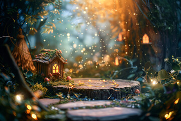 A small house is sitting on a log in a forest. The house is surrounded by trees and has a fairy-like appearance. The scene is peaceful and serene