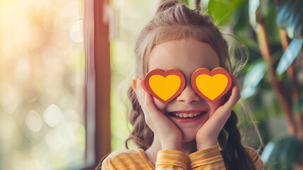 Photo of flirty short hairdo young girl cover eyes hearts wear colorful shirt isolated on vivid yellow color background ,Cute little girl with red hearts outdoors
 - obrazy, fototapety, plakaty