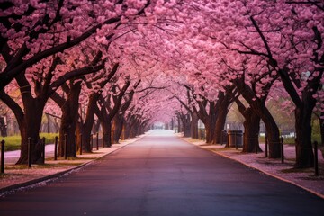 A road surrounded by cherry blossom trees in full bloom