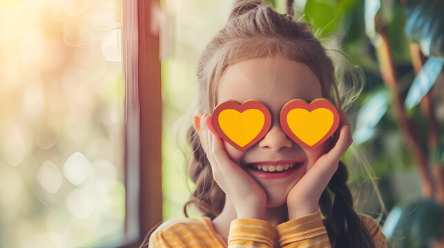 Naklejki Photo of flirty short hairdo young girl cover eyes hearts wear colorful shirt isolated on vivid yellow color background ,Cute little girl with red hearts outdoors 