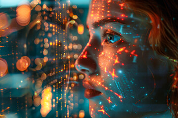 A woman's face is projected onto a screen with a city in the background. The image has a futuristic and technological feel to it, with the woman's face appearing as a hologram or projection - obrazy, fototapety, plakaty
