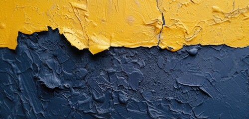 Abstract patterns on a navy blue stucco wall, grunge texture. Wide-angle shot, rough surface. Mustard yellow background.