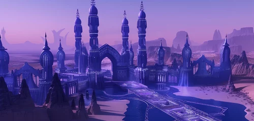Voilages Moscou An aerial perspective of a navy blue high elf palace in a desert oasis showcasing detailed spires and arches in elven design with water channels weaving through under a lavender twilight sky