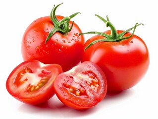 Fresh Ripe Tomatoes with Water Droplets Isolated on White Background