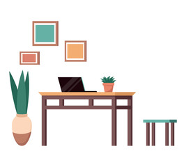 Image of office furniture background. The illustration shows an office workspace decorated with a colorful cartoon pattern that adds a playful touch to any setting. Vector illustration.