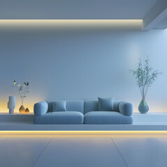 Stylish living room interior in trendy blue color with blue sofa
