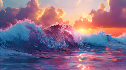 Breaking Colorful Ocean Wave Falling Down at Sunset