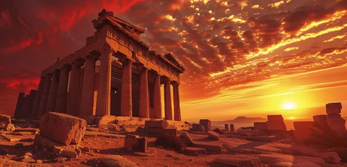 Foto op Canvas An ancient Greek temple, now ruins, set against the backdrop of a desert with a fiery red sky at sunset © digi