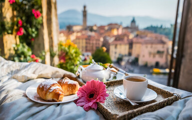 Breakfast in bed with a view of the old town - obrazy, fototapety, plakaty