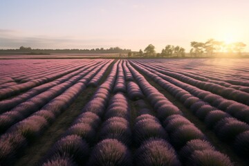 Aerial background of an expansive lavender field in the early morning light