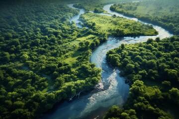 Aerial perspective of a picturesque river bend with lush vegetation