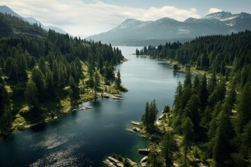 Aerial perspective of a pristine alpine lake surrounded by pine trees