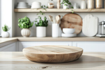 Fototapeta na wymiar A wooden cutting board sits on a wooden countertop in a kitchen. The kitchen is well-stocked with various items, including several bowls, a spoon, and a knife. Concept of warmth and comfort