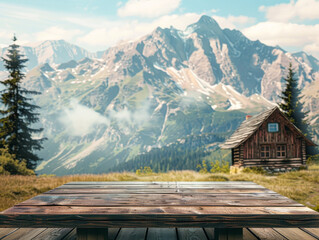 A wooden table sits in front of a cabin in the mountains. The cabin is surrounded by trees and the mountains in the background. The scene is peaceful and serene