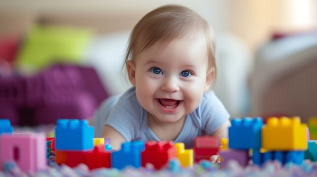 Portrait of a happy baby child among colorful Lego cubes on a bright background in living room
