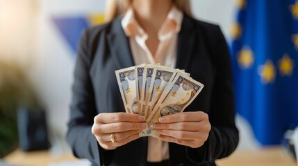 Close up of businesswoman s hands in a suit holding euro bills with blurred eu flag in background.