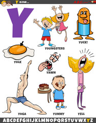 Letter Y set with cartoon objects and characters