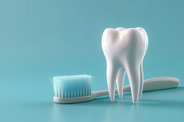 Fototapeta na wymiar White Healthy Human Tooth With a Toothbrush on Blue Background