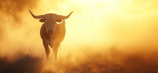 Schilderijen op glas A large bull raises dust with its furious running against the backdrop of sunset rays, a symbol of the state of Texas, bullfighting © Sunny