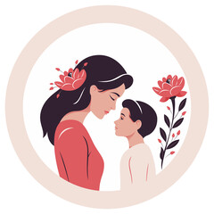 Mothers Day. Characters on a round background. The boy looks at his mother. Mom and son. The hair is decorated with a large flower. Against the background of a plant.