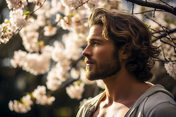 Creative Generative AI technology picture of happy people surrounded by spring blossom enjoying great day