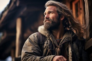 Portrait of happy captivating young person enjoying camping in a beautiful outdoor landscape with natural lighting