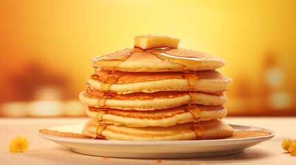 A  image of a stack of fluffy pancakes on a sunny yellow background.