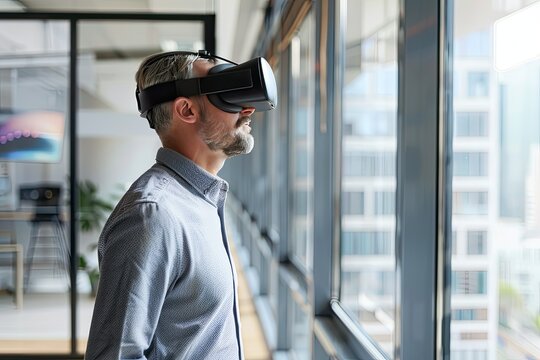 Side view portrait of adult wearing VR headset, workplace in office, technology