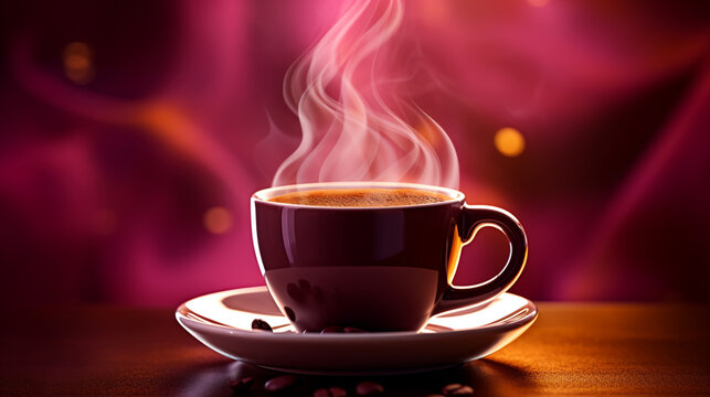 A  image of a steaming cup of coffee on a deep maroon background, radiating warmth and comfort.