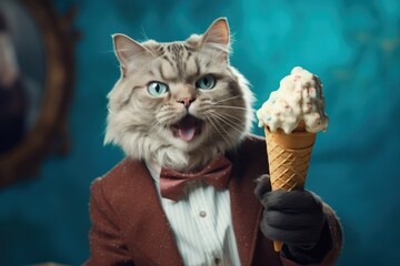 Funny anthropomorphic cat wearing a suit holds and bites delicious ice cream, creative idea. 