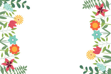 Fototapeta na wymiar Hand sketched background, vector illustration. Borders with leaves and flowers for greeting card, invitation template in pastel colors on white background. Retro, poster, background.