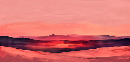 Artistic digital watercolor of a desert with fine burgundy sands under a gentle coral dusk sky - obrazy, fototapety, plakaty