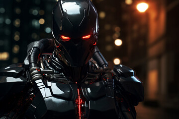 Portrait of a robotic man superhero in dark city made with generative AI technology