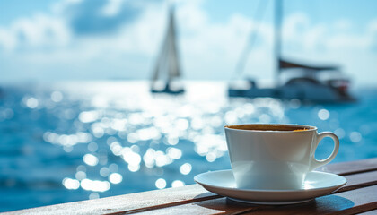 Cup of hot coffee on a wooden table with a view on yachts