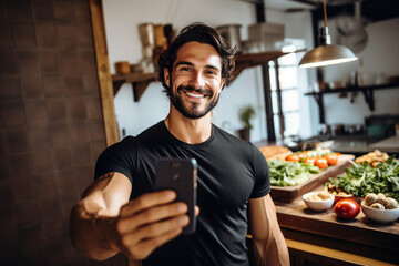 AI generated image of handsome man cooking and eating healthy organic vegetarian food - obrazy, fototapety, plakaty