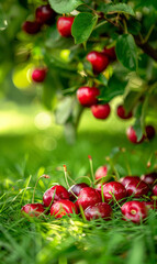 Obraz premium Sunlit ripe cherries hanging from a branch in an orchard.