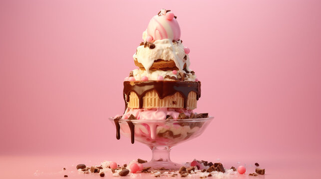 A  image of a towering ice cream sundae on a bright pink background, ideal for dessert promotions.