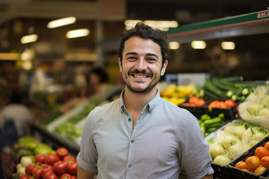 Man Shopping In Grocery Store Choosing Fresh Fruits And Vegetables In Supermarket Generative AI