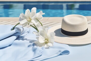 Relaxing poolside mockup with a sunhat, sunglasses, and a beach towel
