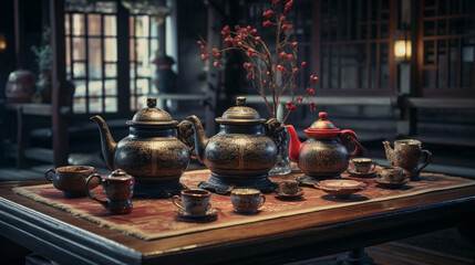 A  image of a traditional Chinese tea ceremony, with elegant teapots and cups arranged on a wooden table.