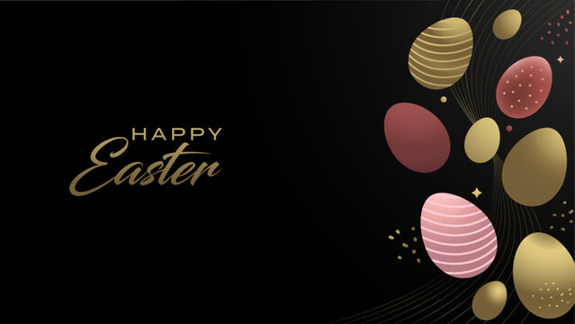 Elegant luxury premium, black and rose, gold, happy easter celebration. Abstract gold, rose easter eggs, wallpapers banner, editable vector. 